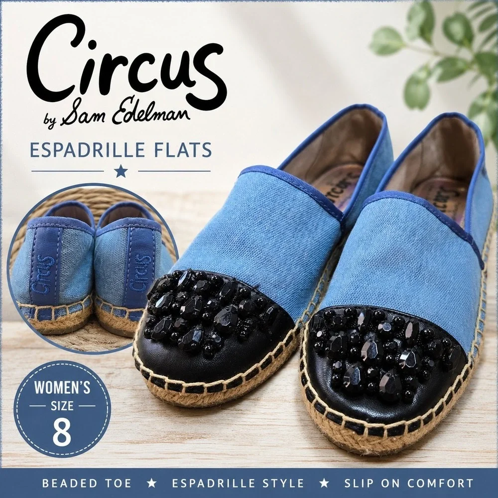 Circus by Sam Edelman Blue Espadrille Flats Black Beaded Toe Women's Size 8